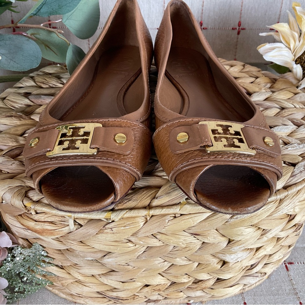 Tory Burch “Cline” Peep Toe Brown Pebble Leather Flats Women's Size 5 M PreLoved - Picture 3 of 5